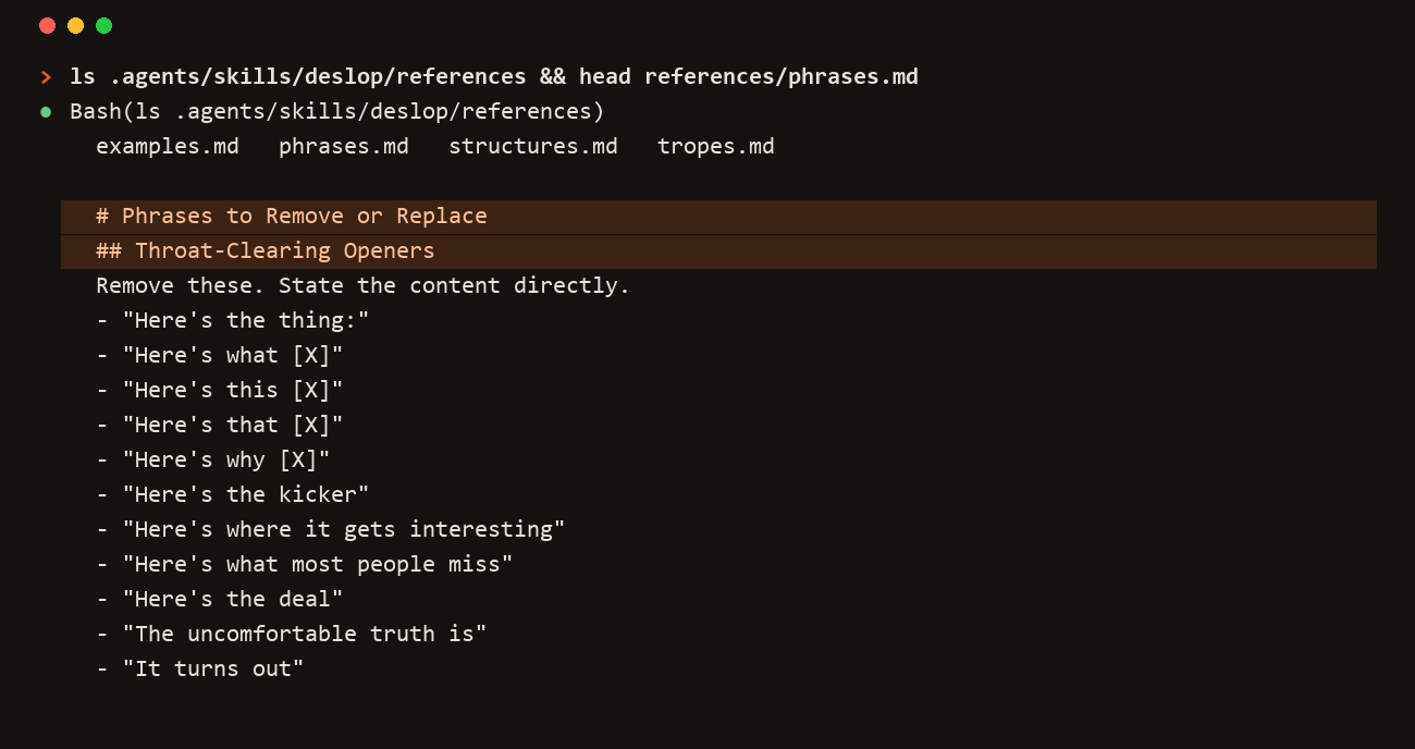 The deslop skill in the OpenSEO repository The OpenSEO repository's agent skills directory listed in a terminal, with the deslop skill's reference files and the first entries of its phrases catalogue: filler openers, binary contrasts, and vocabulary the skill removes from every draft before it ships